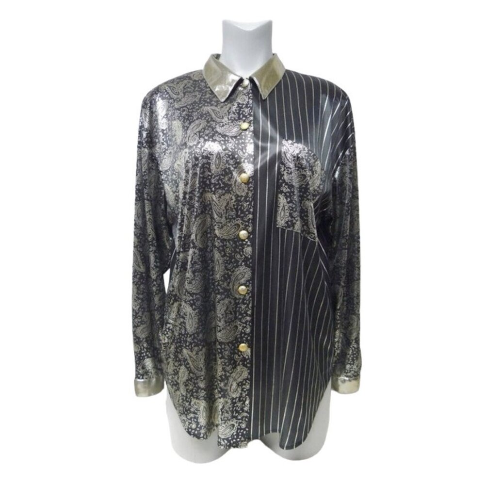 80s Impressions of California paisley stripe metallic button down shirt size 14